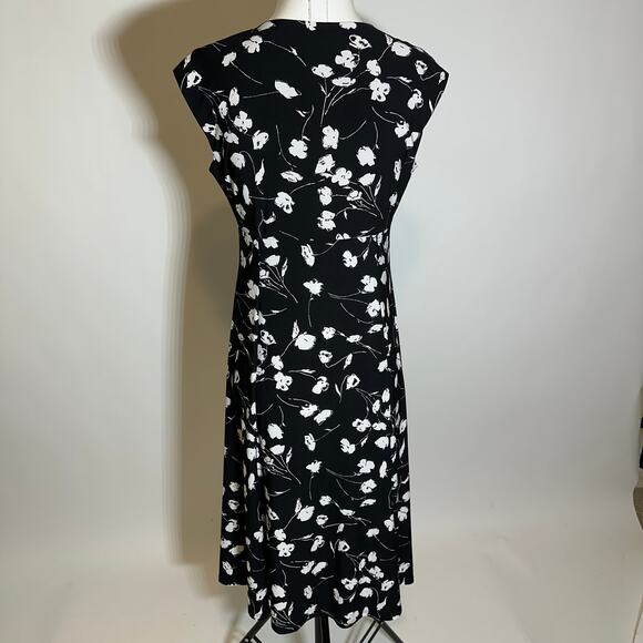Anne Klein Black White Floral Cap Sleeve V-Neck Midi Dress Womens Size 6 Career - Picture 7 of 12